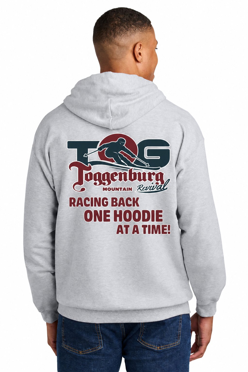 Tog's Classic Hoodie in Ash Grey, back on model
