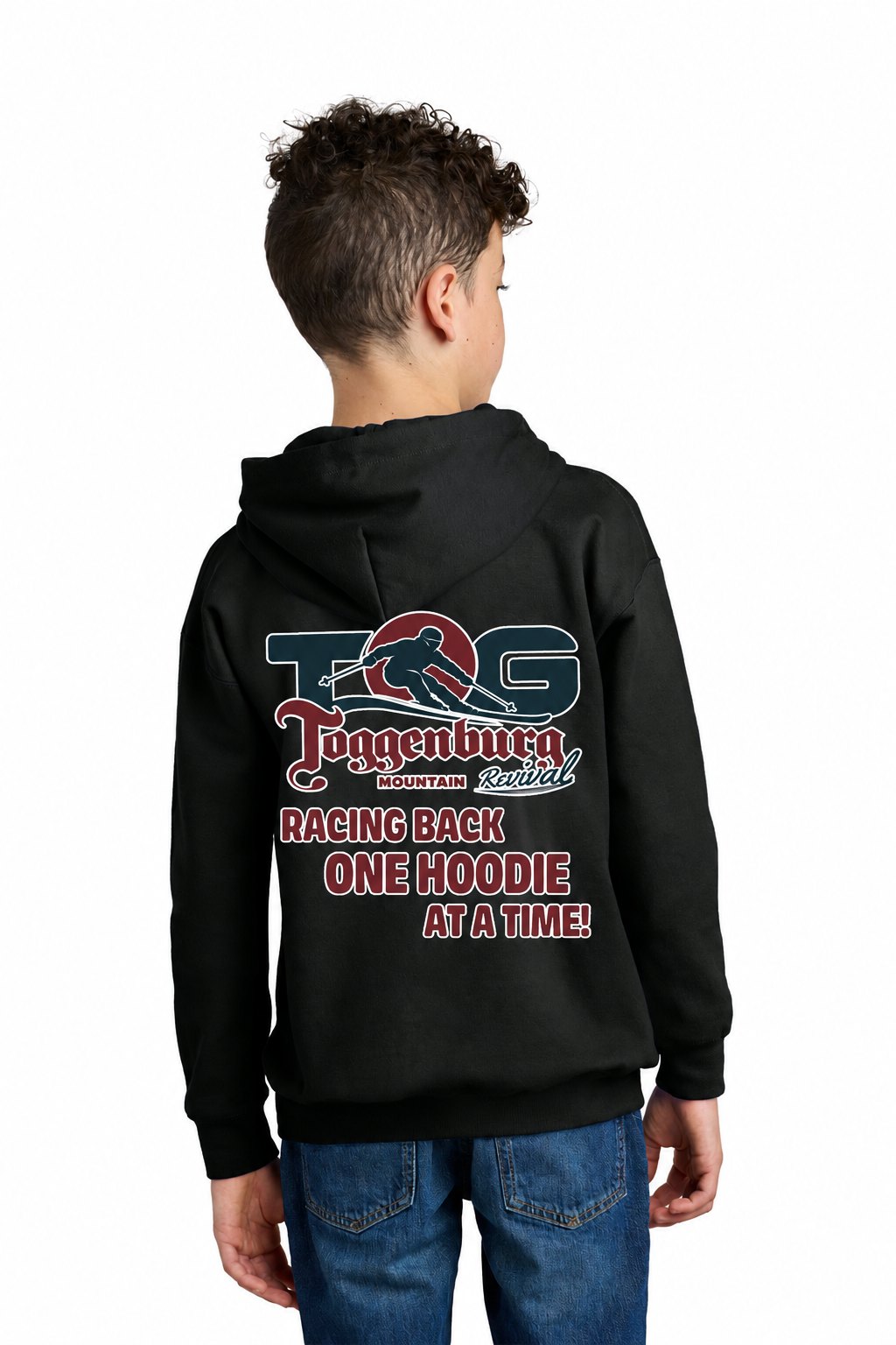 Tog's Classic Hoodie (Youth) in Black, back on model