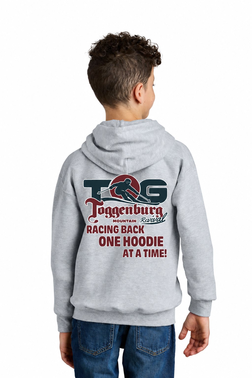 Tog's Classic Hoodie (Youth) in Ring Spun Sport Grey, back on model
