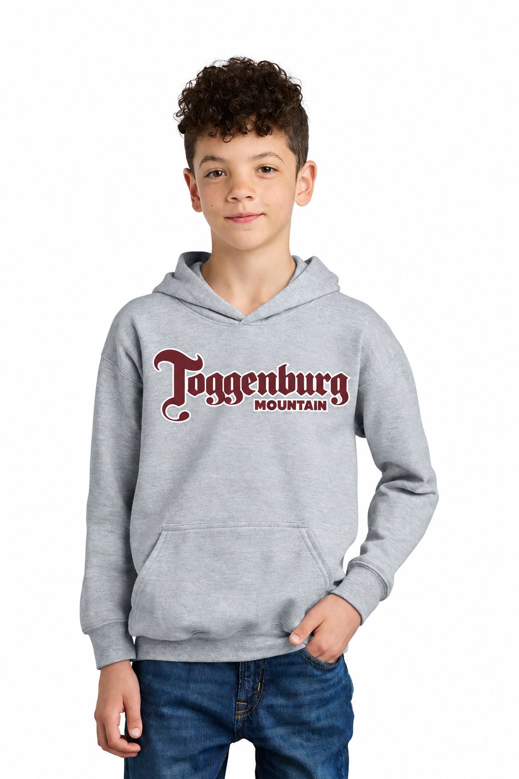 Tog's Classic Hoodie (Youth) in Ring Spun Sport Grey, front on model