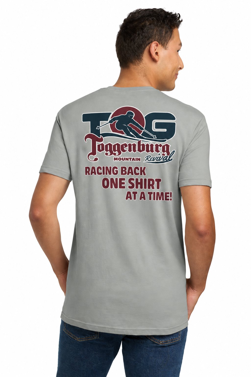 Tog's Classic Tee in Light Gray, back on model