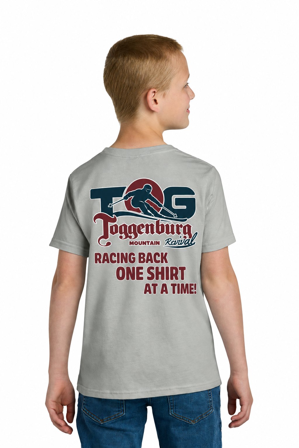 Tog's Classic Tee (Youth) in Light Gray, back on model