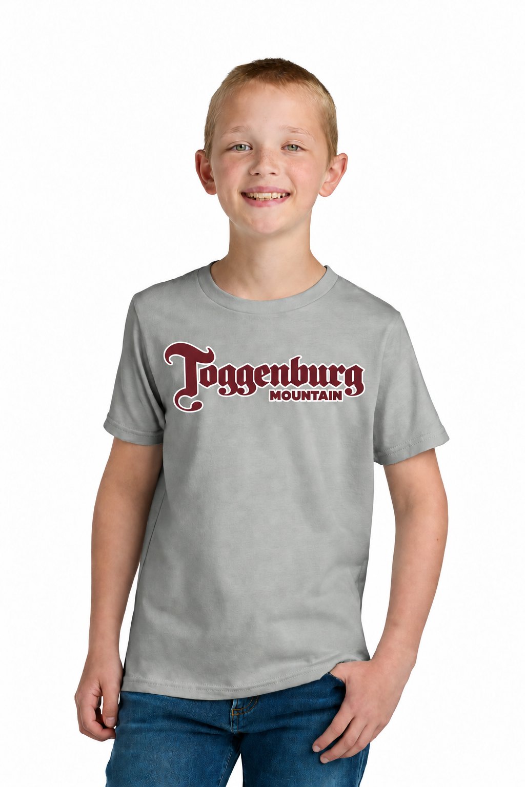 Tog's Classic Tee (Youth) in Light Gray, front on model