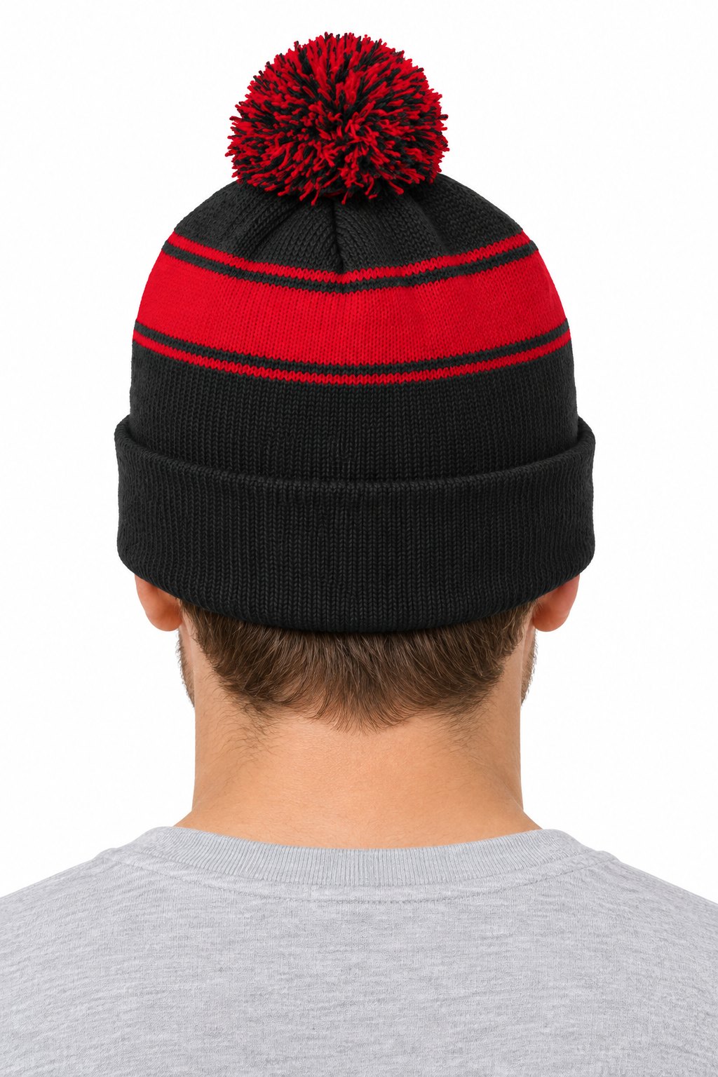 Tog's Pom Pom Beanie in Black/True Red, back on model