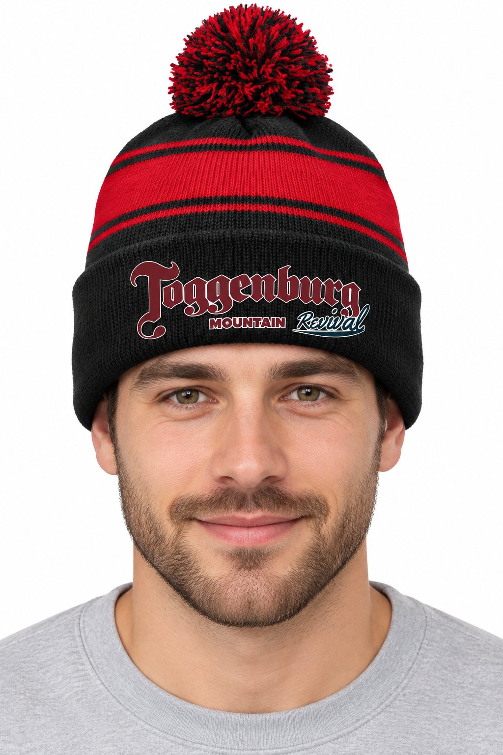 Tog's Pom Pom Beanie in Black/True Red, front on model