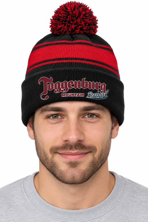 Tog's Pom Pom Beanie in Black/True Red, front on model
