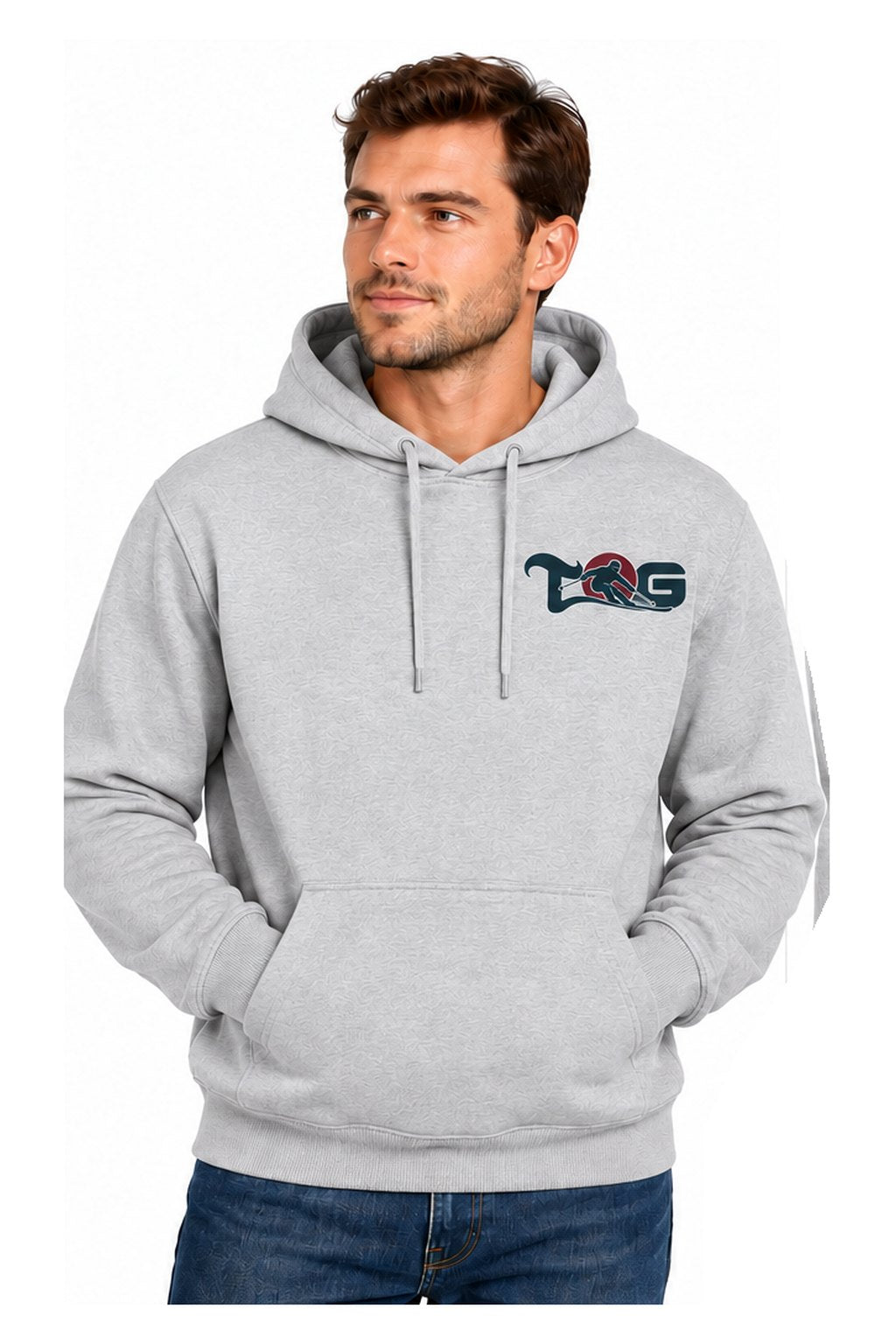 Tog's Racer Hoodie in Ash Grey, front on model