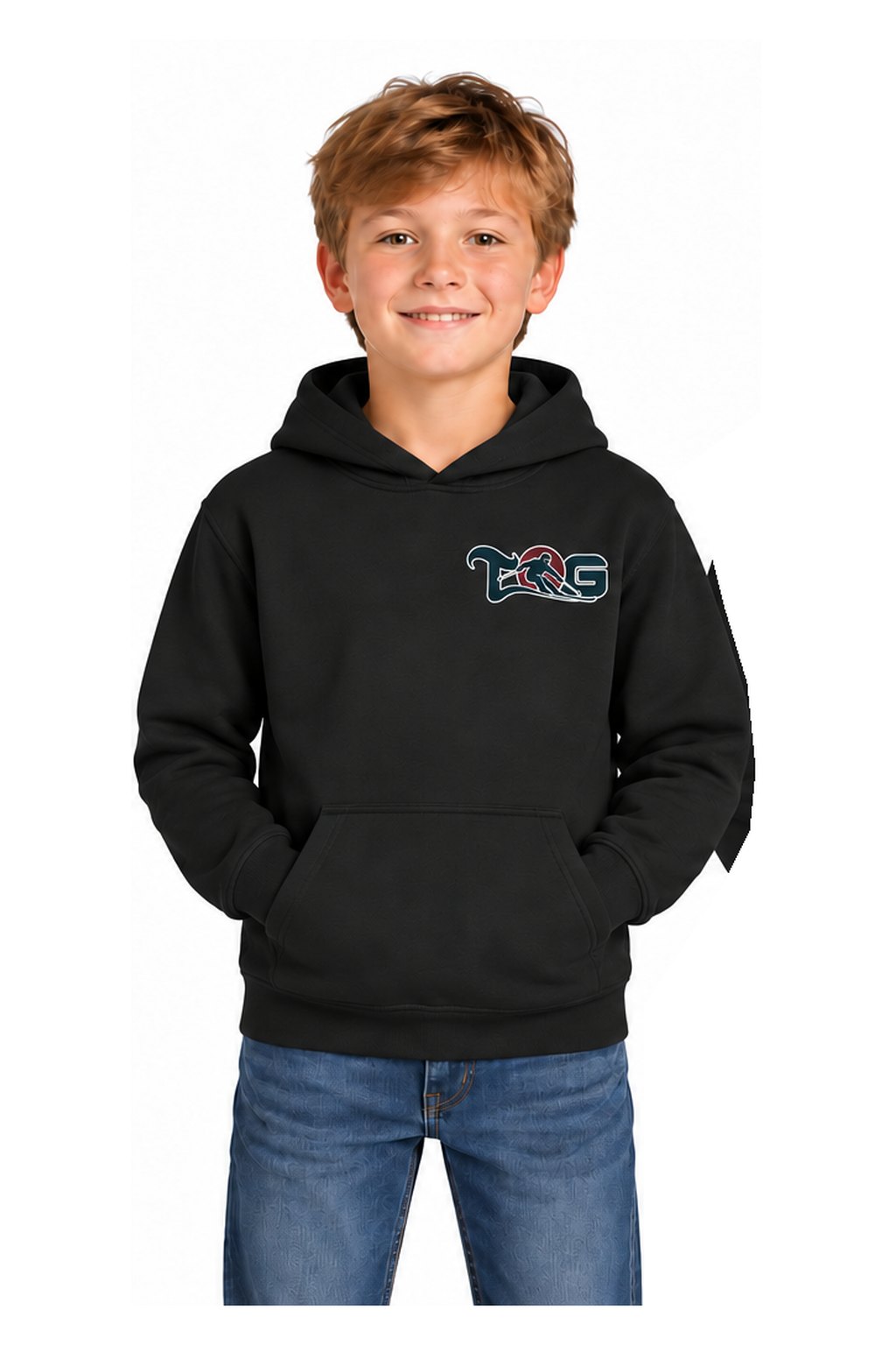 Tog's Racer Hoodie (Youth) in Black, front on model