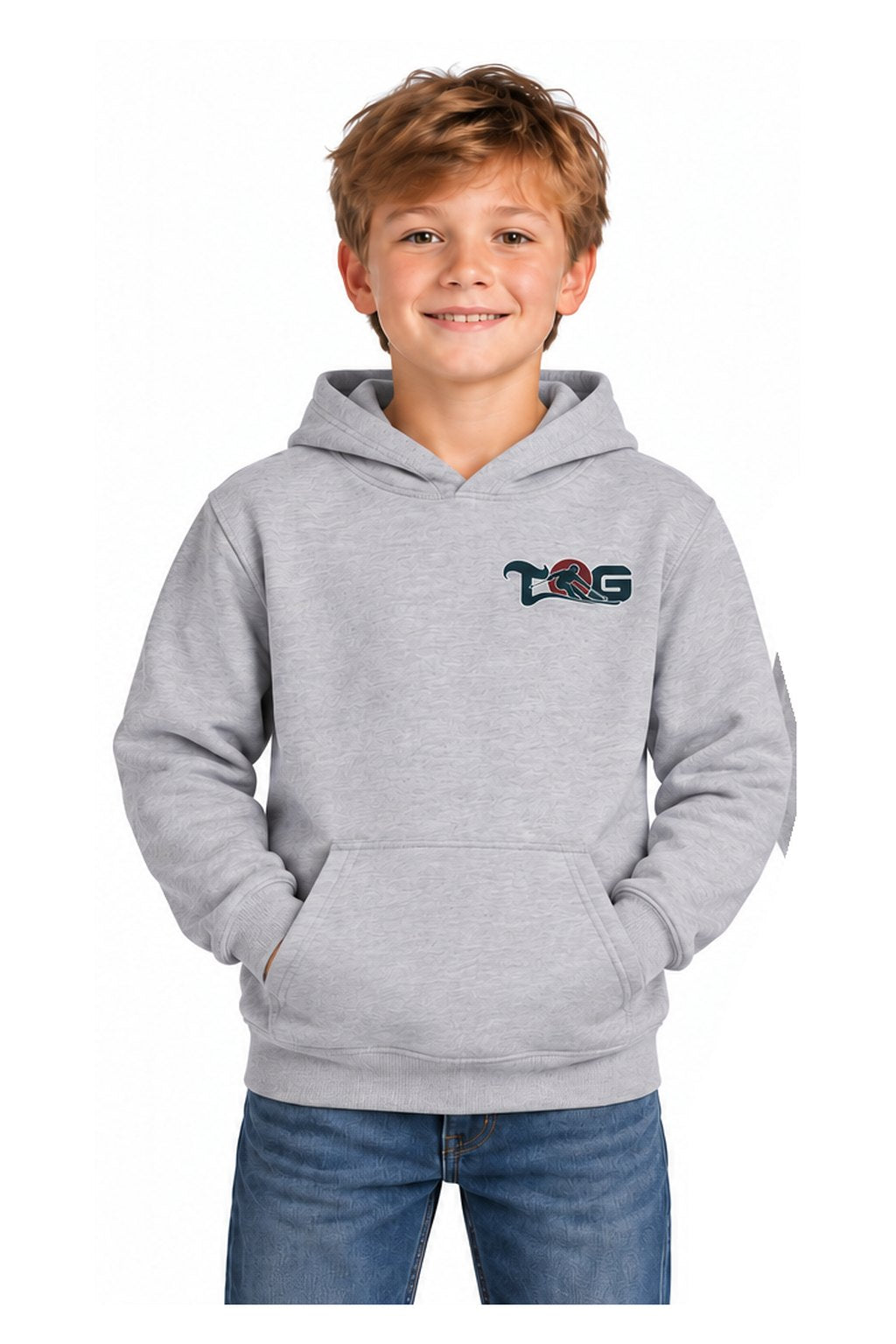 Tog's Racer Hoodie (Youth) in Ring Spun Sport Grey, front on model