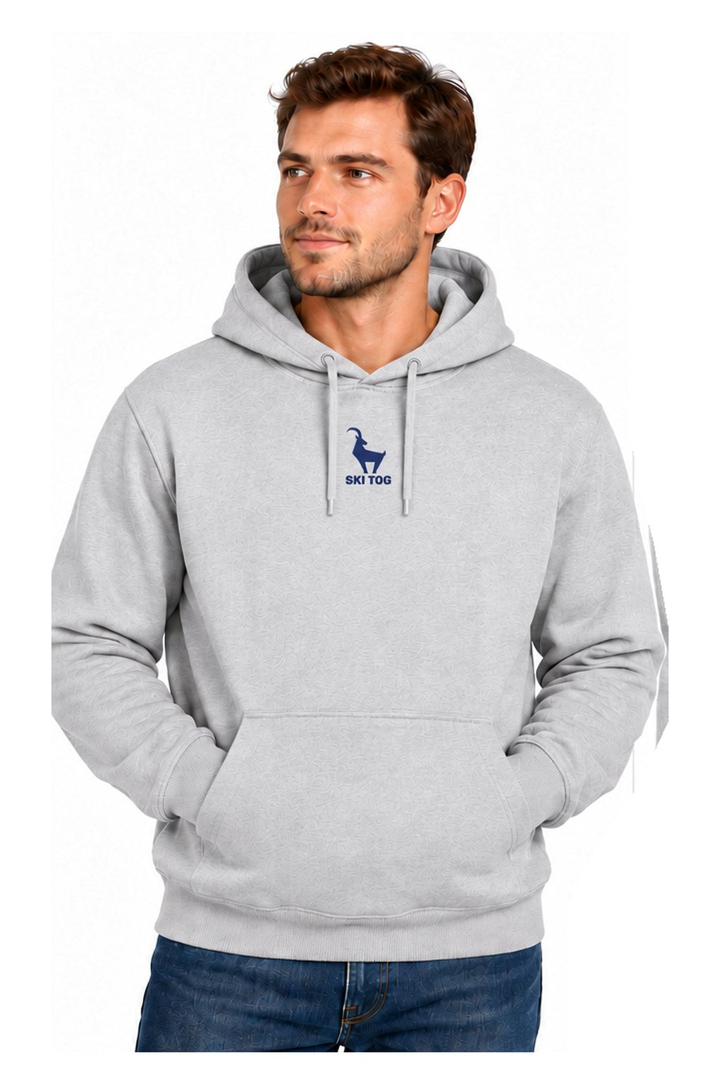 Tog's Retro Hoodie in Ash Grey, front on model