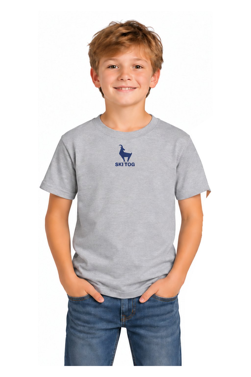 Tog's Retro Tee (Youth) in Light Gray, front on model