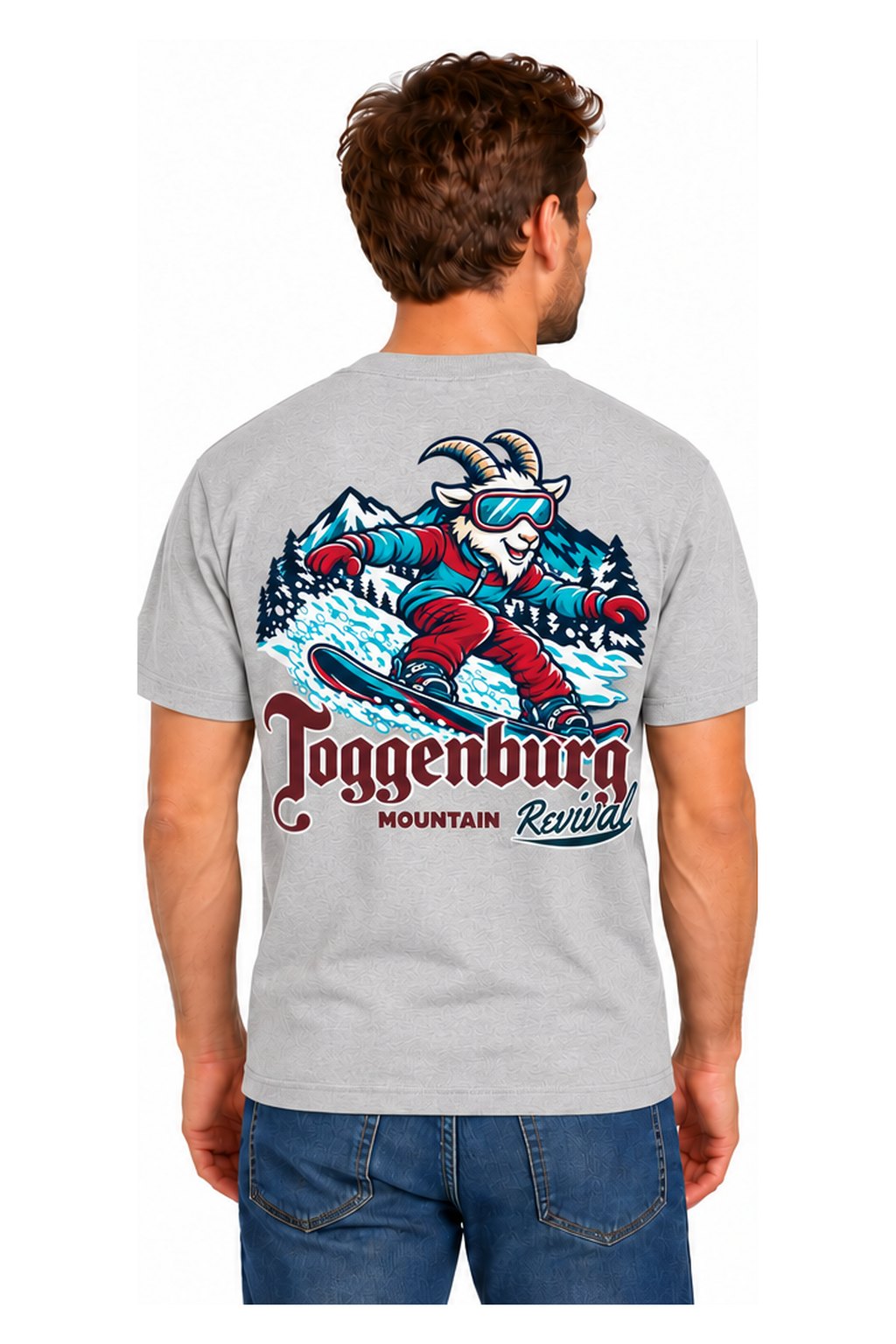 Tog's Revival Snowboard Tee in Light Gray, back on model