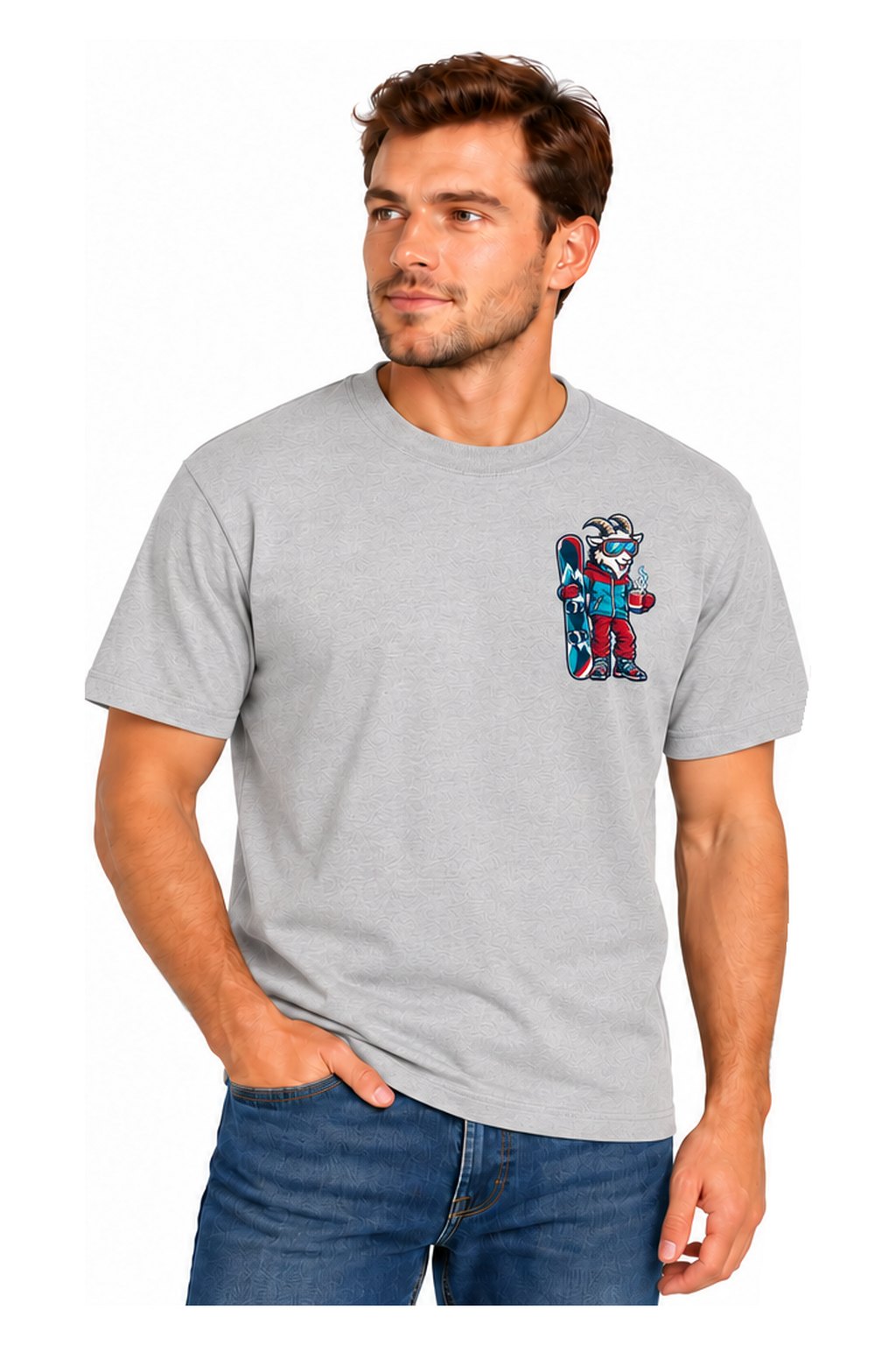 Tog's Revival Snowboard Tee in Light Gray, front on model