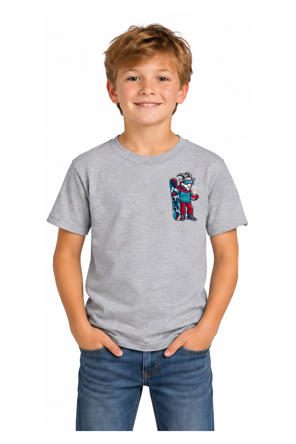 Tog's Revival Snowboard Tee (Youth) in Light Gray, front on model