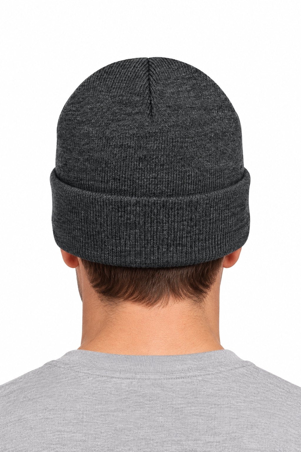 Tog's Traditional Beanie in Charcoal Heather, back on model