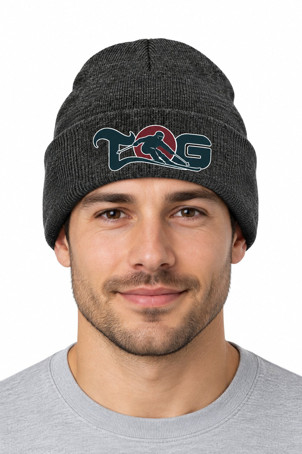 Tog's Traditional Beanie in Charcoal Heather, front on model